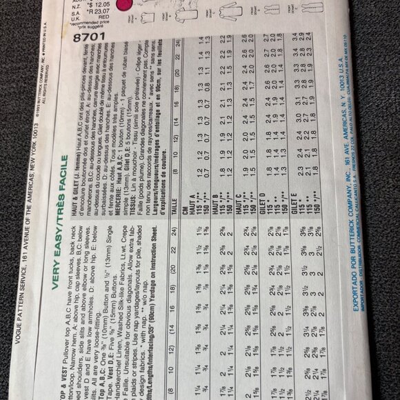 Vogue 8701 Sewing Pattern Tunics Tops Size 8-10-12 Vintage 1993 uncut - Picture 3 of 5